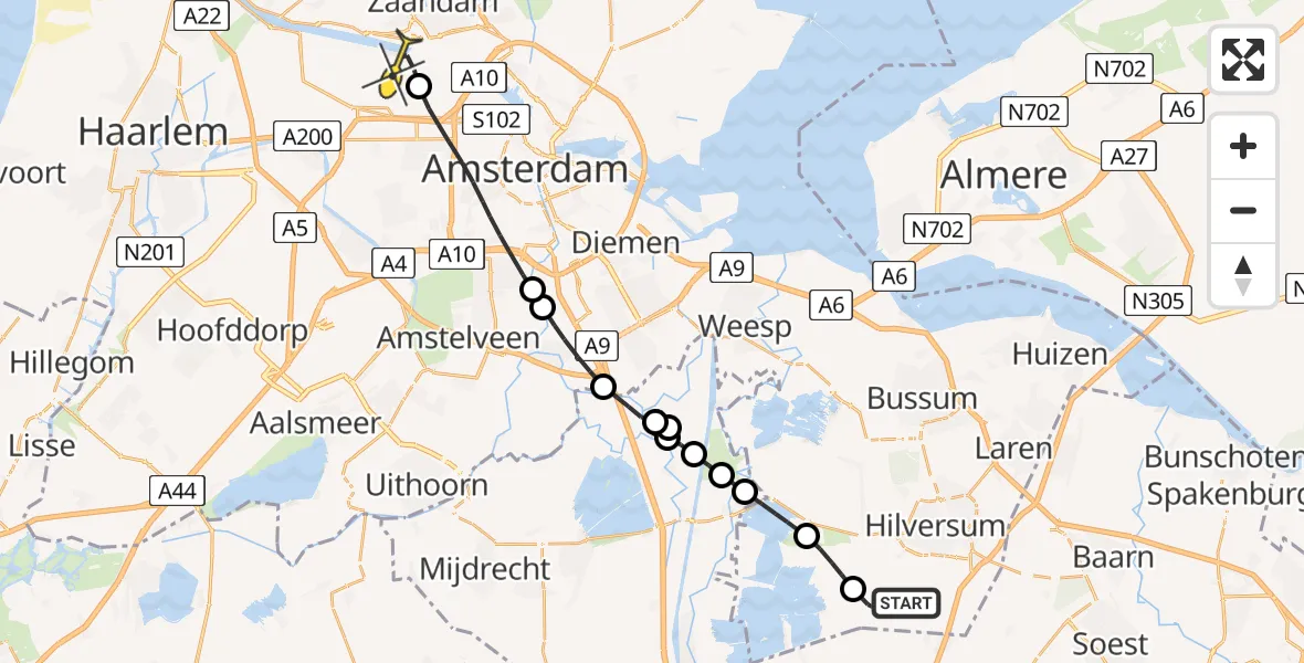 Routekaart van de vlucht: Lifeliner 1 naar Amsterdam Heliport, Rading