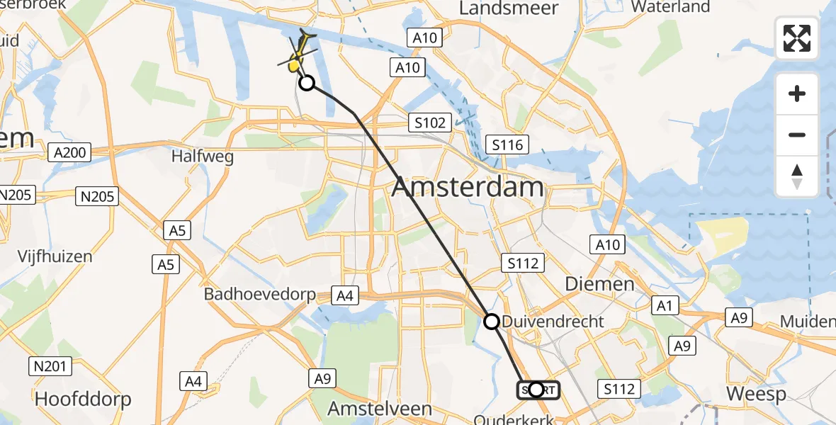 Routekaart van de vlucht: Lifeliner 1 naar Amsterdam Heliport, Ringweg-Zuid