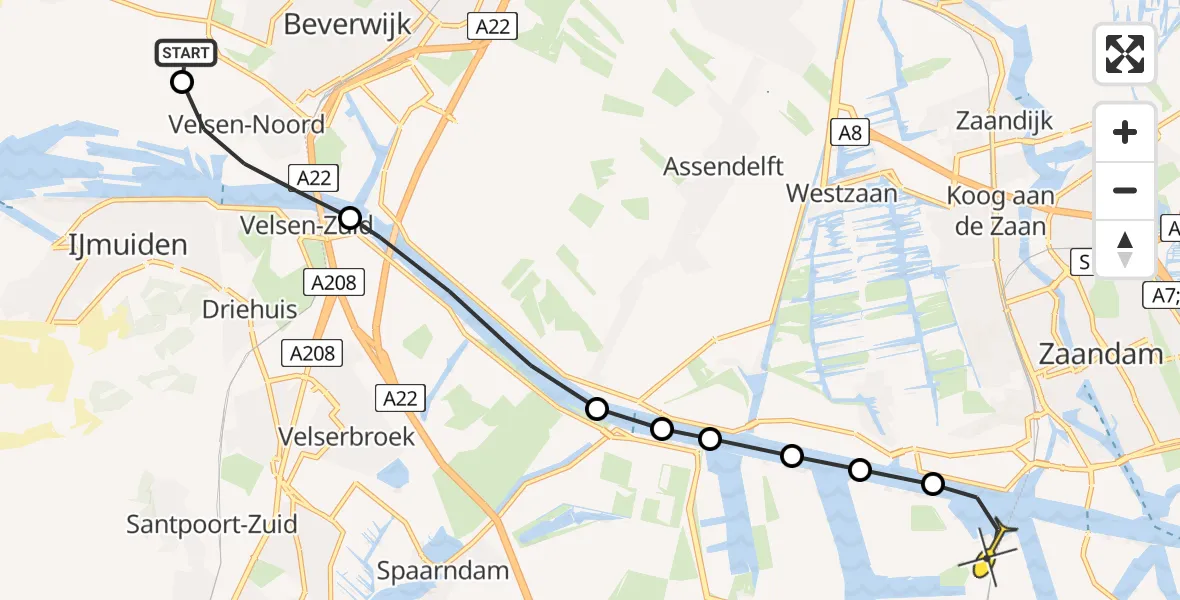 Routekaart van de vlucht: Lifeliner 1 naar Amsterdam Heliport, Capriweg