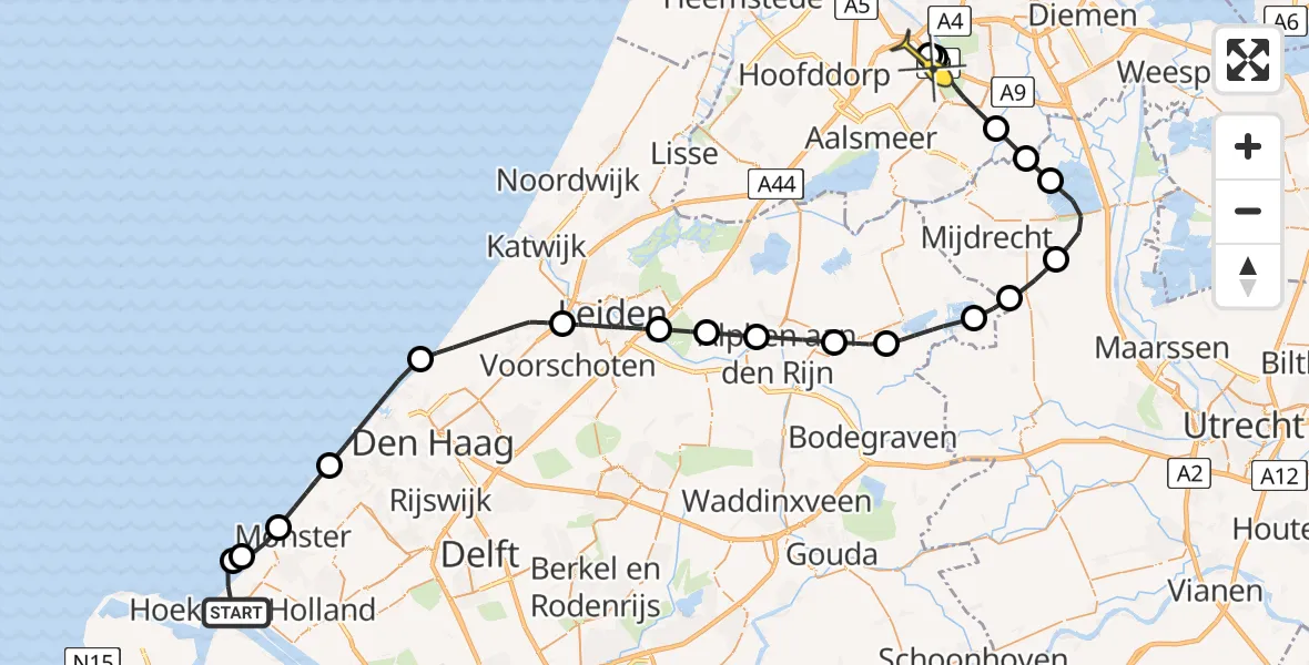 Routekaart van de vlucht: Politieheli naar Schiphol, Hoek van Holland