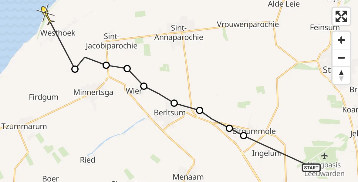 Routekaart van de vlucht: Ambulanceheli naar St.-Jacobiparochie, It Bosklân