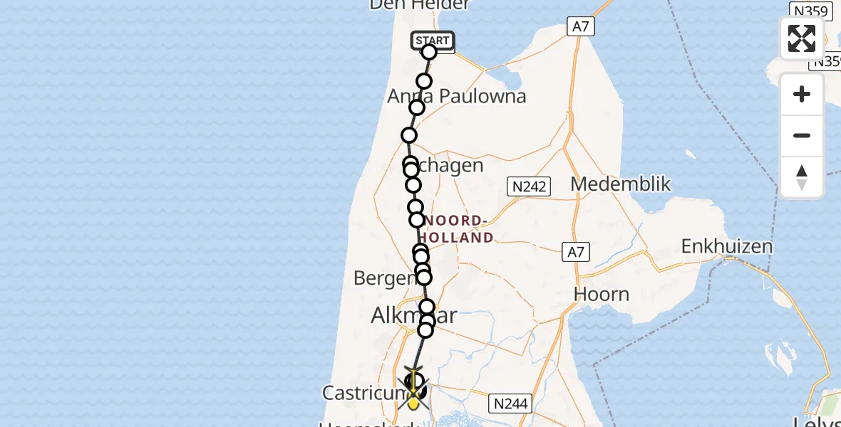 Routekaart van de vlucht: Kustwachthelikopter naar Akersloot, Mastenmakersweg