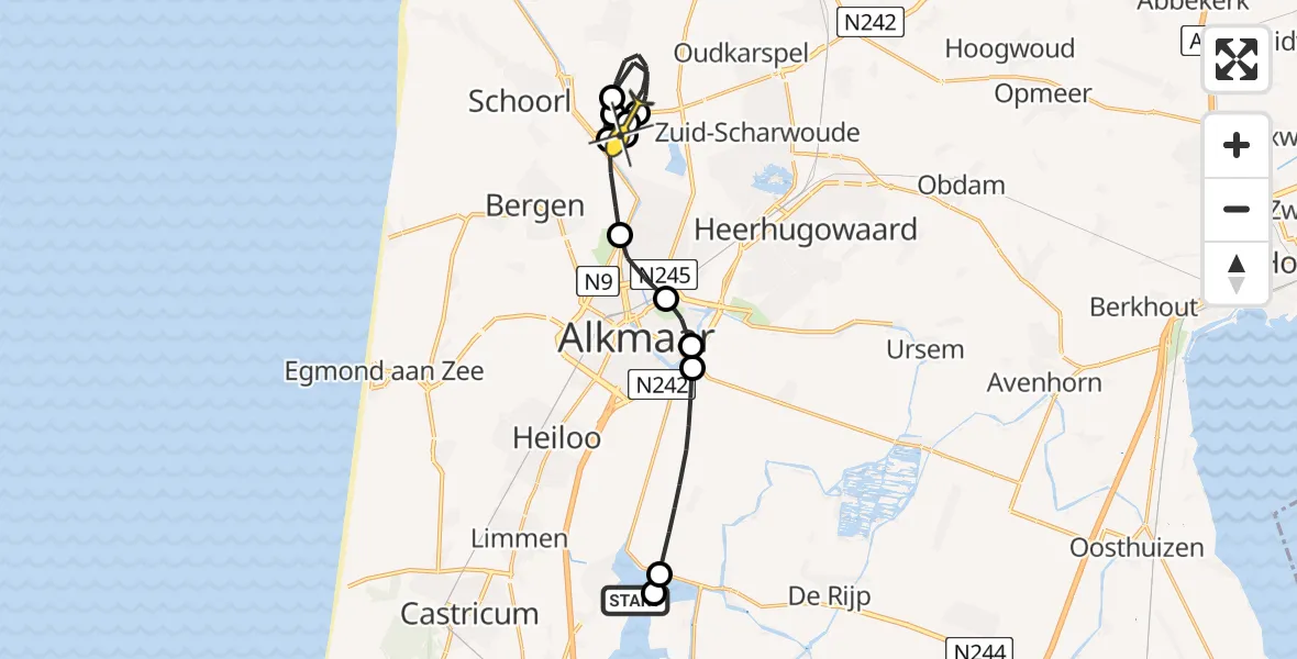 Routekaart van de vlucht: Kustwachthelikopter naar Oudkarspel, Bloemendalerweg