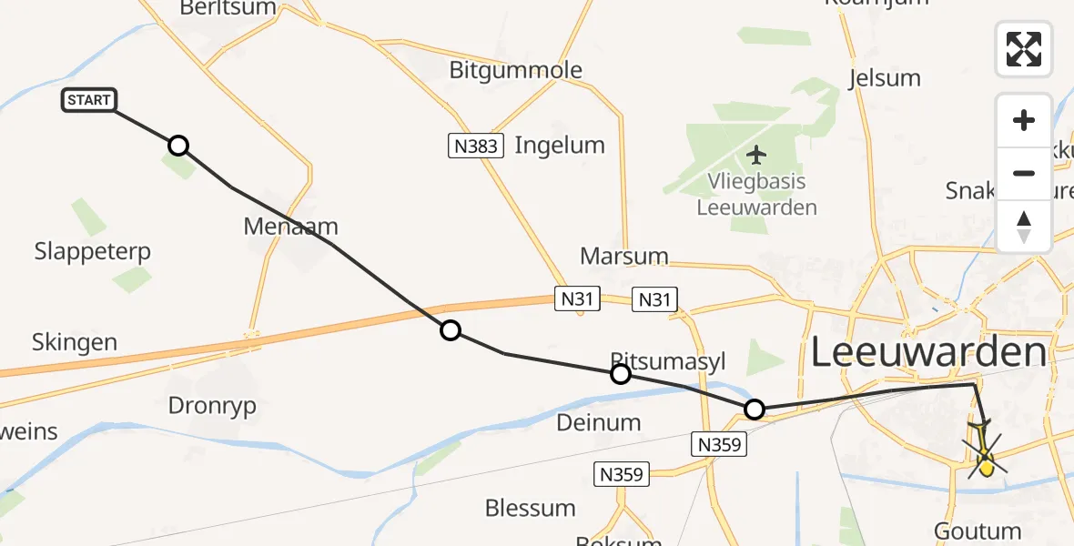 Routekaart van de vlucht: Ambulancehelikopter naar Leeuwarden, Berltsumerdyk
