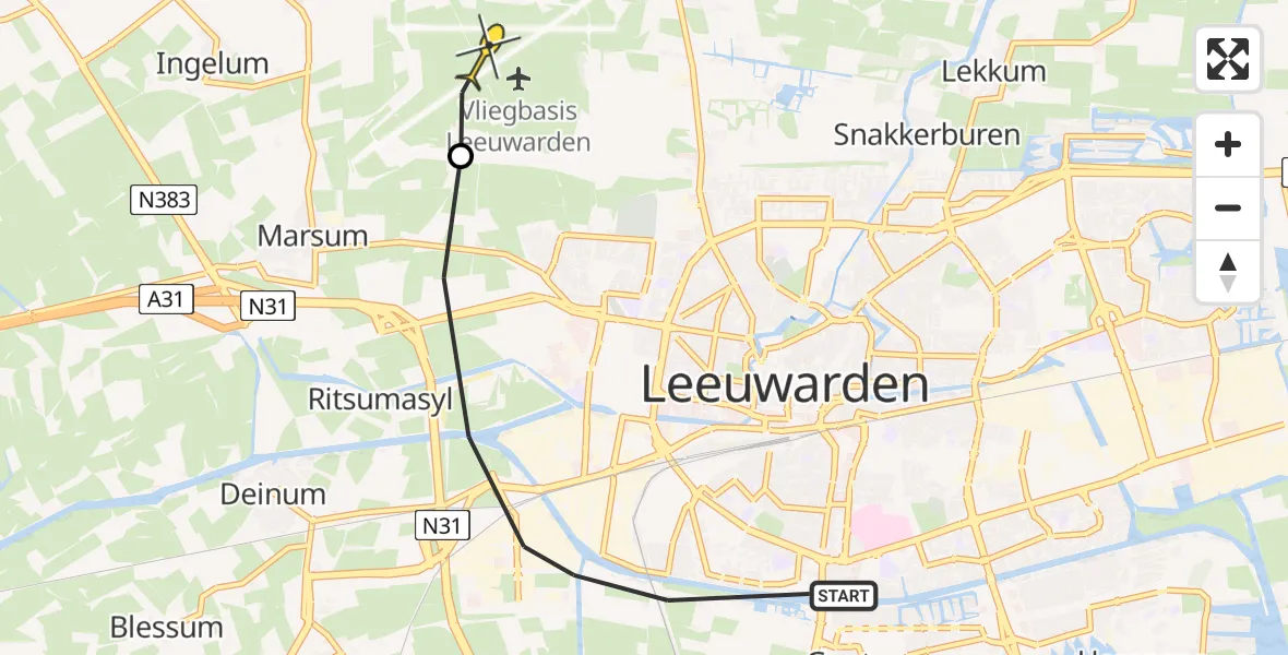 Vluchtroute Ambulancehelikopter van Leeuwarden naar Vliegbasis Leeuwarden