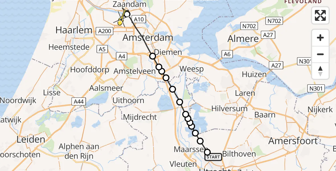 Routekaart van de vlucht: Lifeliner 1 naar Amsterdam Heliport, Gageldijk