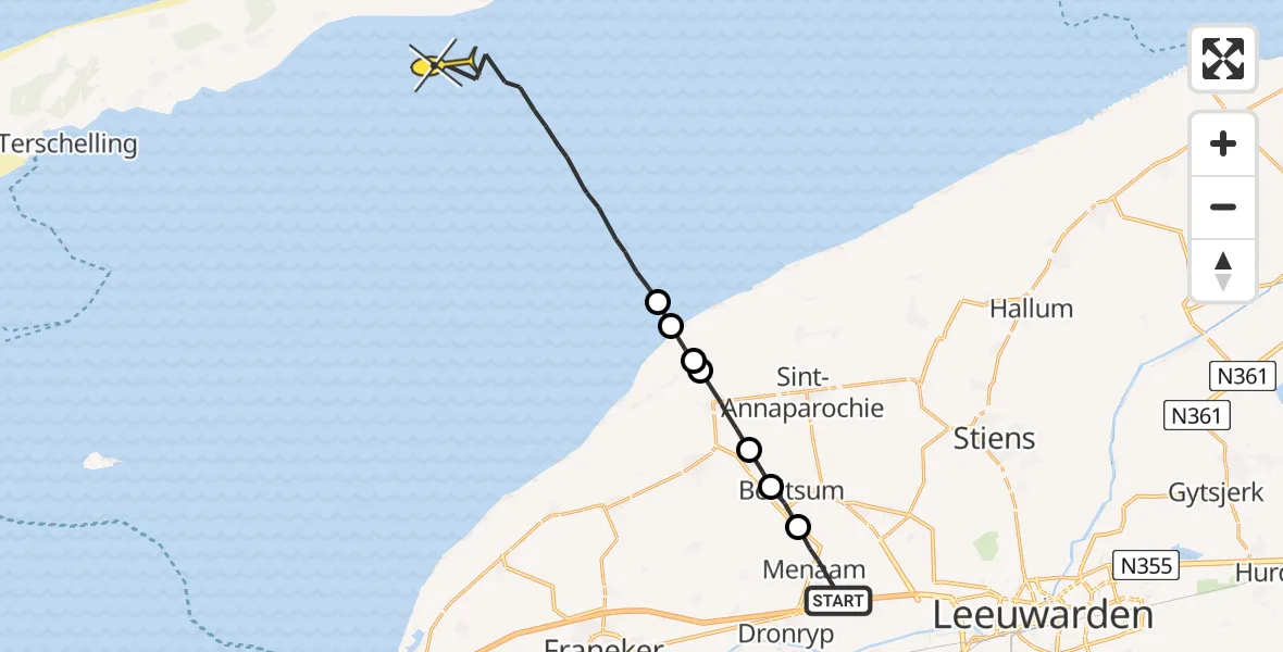 Routekaart van de vlucht: Ambulancehelikopter naar Oosterend, Bitgumerdyk