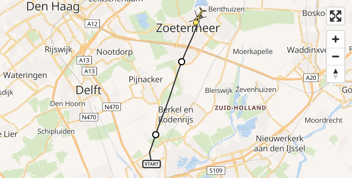 Routekaart van de vlucht: Lifeliner 2 naar Zoetermeer, A16 Rotterdam