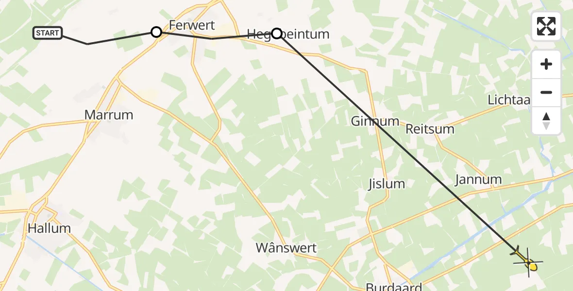 Routekaart van de vlucht: Ambulanceheli naar Rinsumageast, Ljouwerterdyk