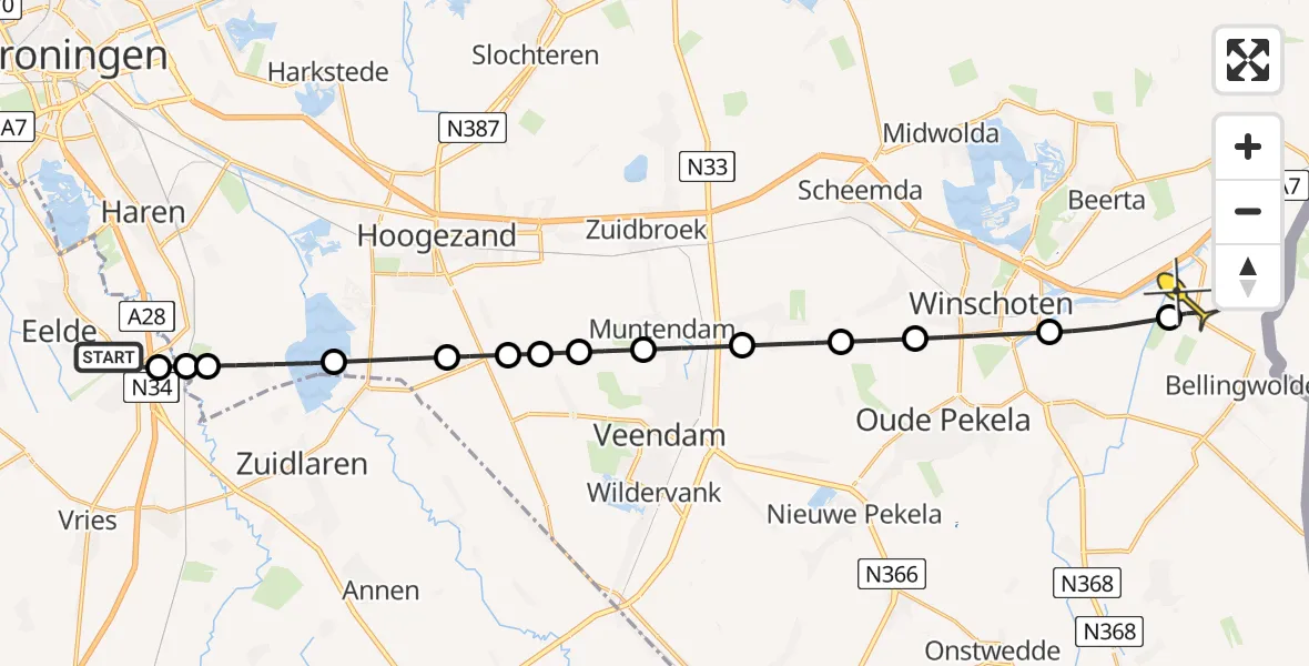 Routekaart van de vlucht: Lifeliner 4 naar Oudeschans, Burgemeester J.G. Legroweg