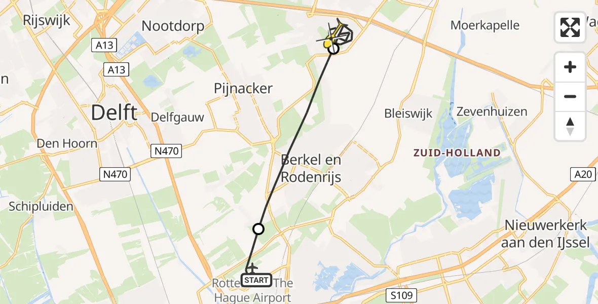 Routekaart van de vlucht: Lifeliner 2 naar Zoetermeer, Geel-groenlaan