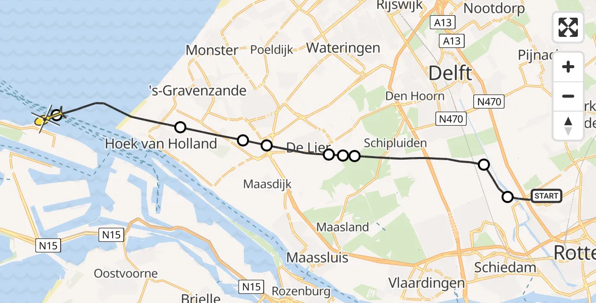 Routekaart van de vlucht: Kustwachthelikopter naar Maasvlakte, Delftweg