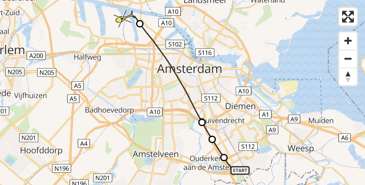 Routekaart van de vlucht: Lifeliner 1 naar Amsterdam Heliport, Hornweg