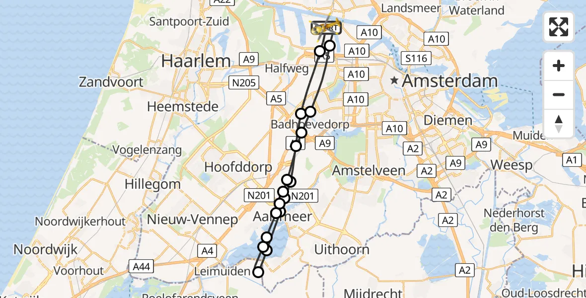 Vluchtroute Traumahelikopter van Amsterdam Heliport naar Amsterdam Heliport