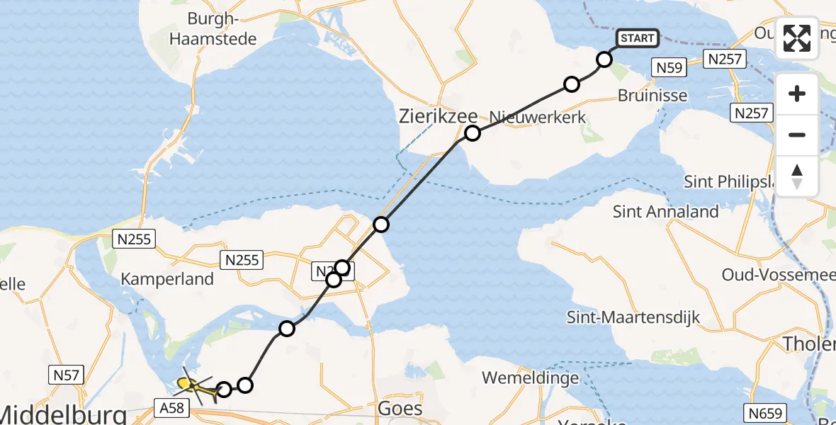 Routekaart van de vlucht: Kustwachthelikopter naar Vliegveld Midden-Zeeland, Mosselbanken West