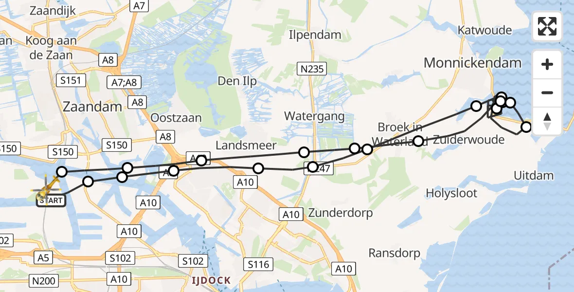 Vluchtroute Traumahelikopter van Amsterdam Heliport naar Amsterdam Heliport