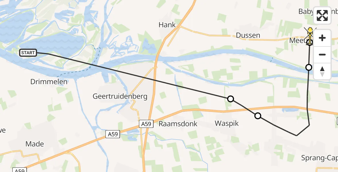 Routekaart van de vlucht: Politieheli naar Meeuwen, Toontjesplaat