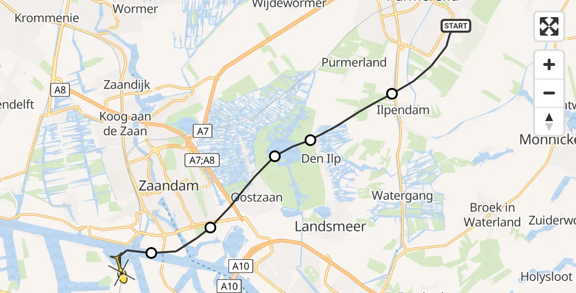 Routekaart van de vlucht: Lifeliner 1 naar Amsterdam Heliport, De Roemer