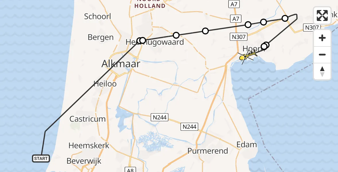 Routekaart van de vlucht: Politieheli naar Hoorn, Nieuwland