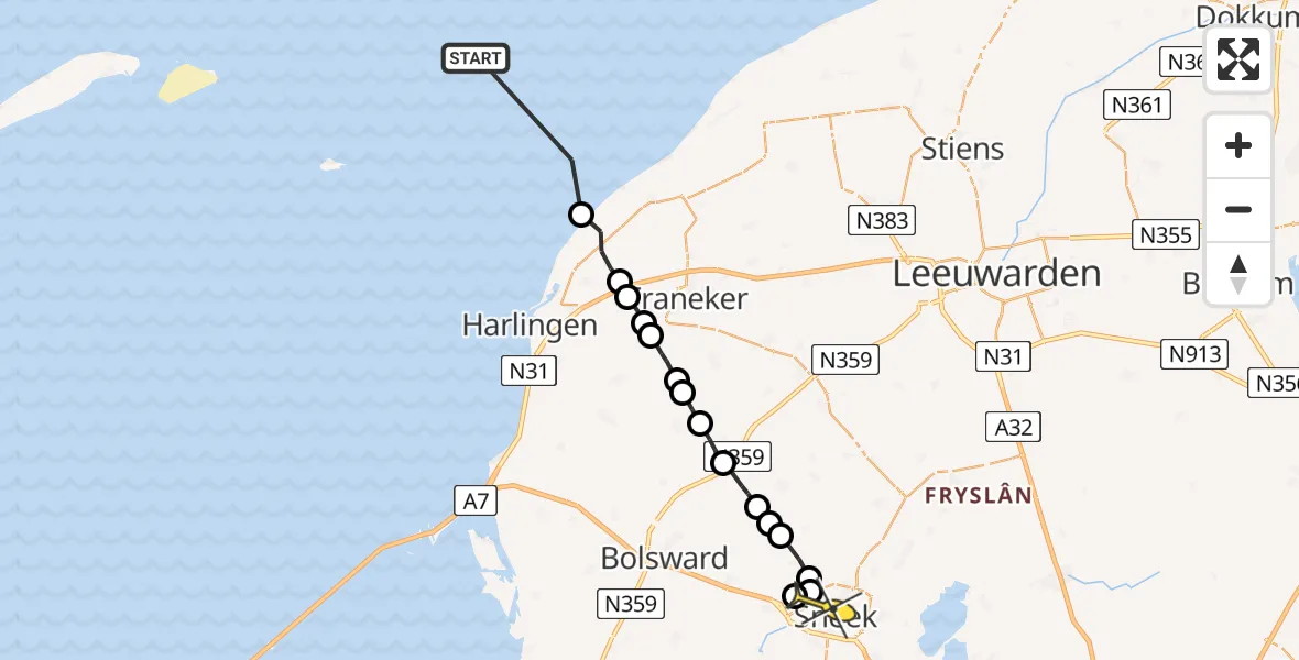 Routekaart van de vlucht: Ambulanceheli naar Sneek, Thaborwei