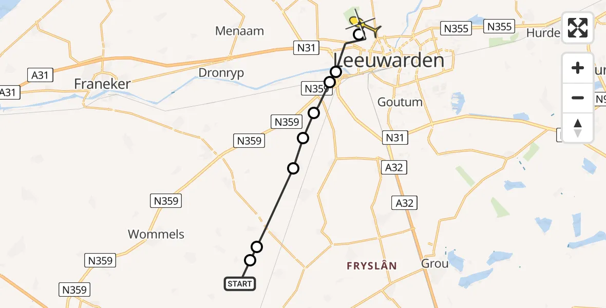 Routekaart van de vlucht: Ambulanceheli naar Vliegbasis Leeuwarden, Molmawei