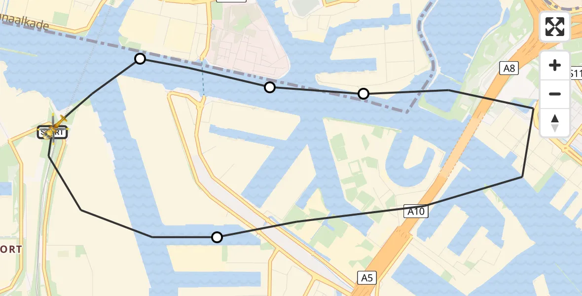 Vluchtroute Traumahelikopter van Amsterdam Heliport naar Amsterdam Heliport