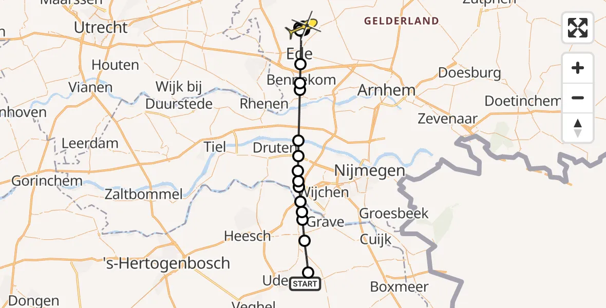 Vluchtroute Politiehelikopter van Vliegbasis Volkel naar Lunteren