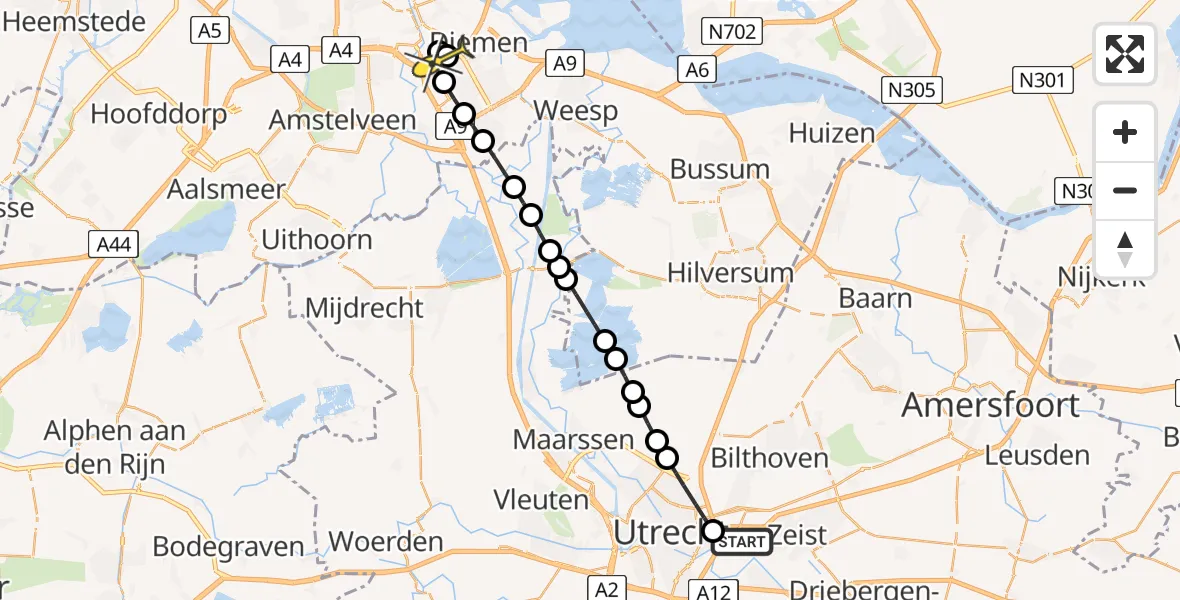 Routekaart van de vlucht: Lifeliner 1 naar Amsterdam-Duivendrecht, Oxfordpad