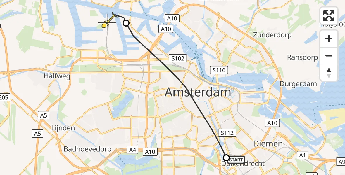 Routekaart van de vlucht: Lifeliner 1 naar Amsterdam Heliport, Uithoornstraat