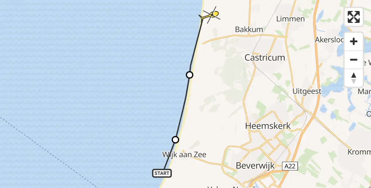 Routekaart van de vlucht: Politiehelikopter naar Castricum, Strand Noorderbad
