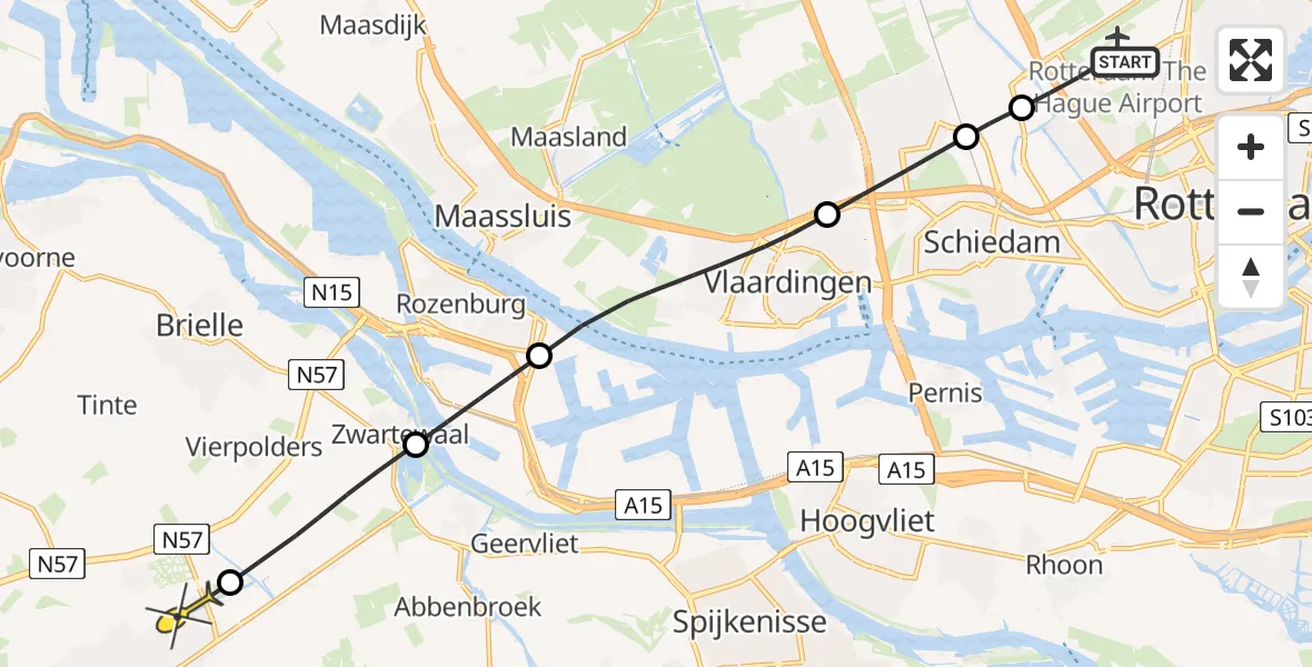 Routekaart van de vlucht: Lifeliner 2 naar Hellevoetsluis, Rotterdam Airportbaan