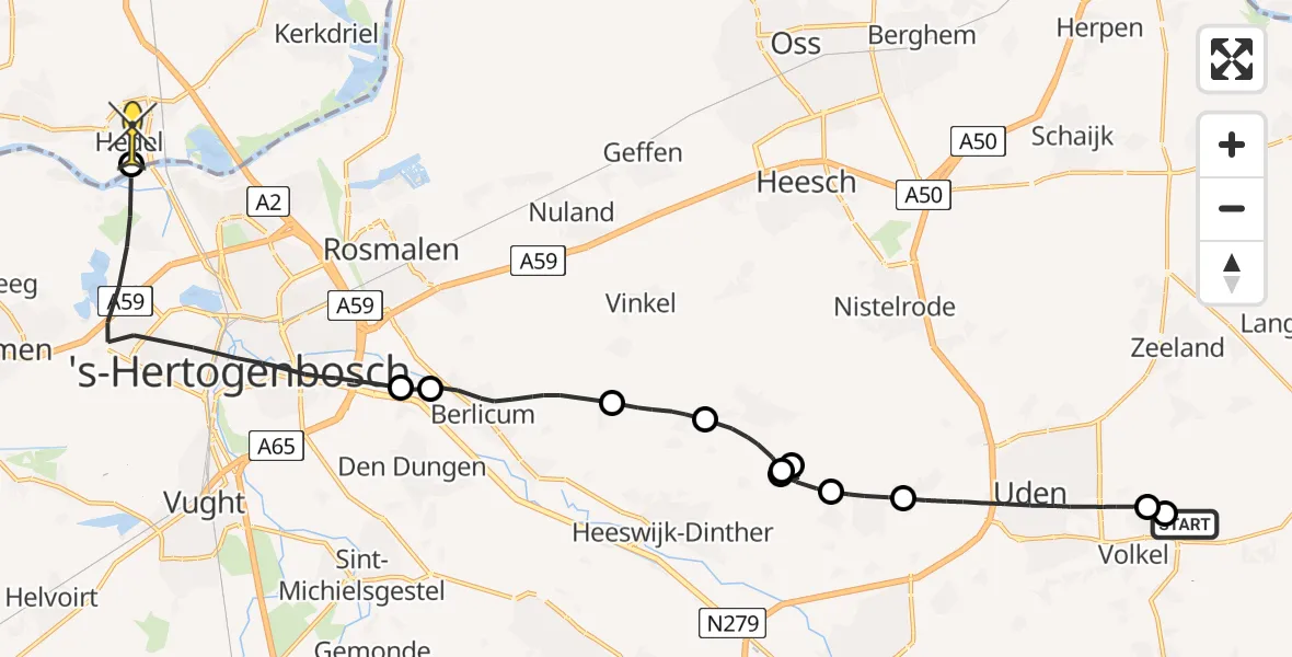 Routekaart van de vlucht: Politieheli naar Hedel, Erfstraat