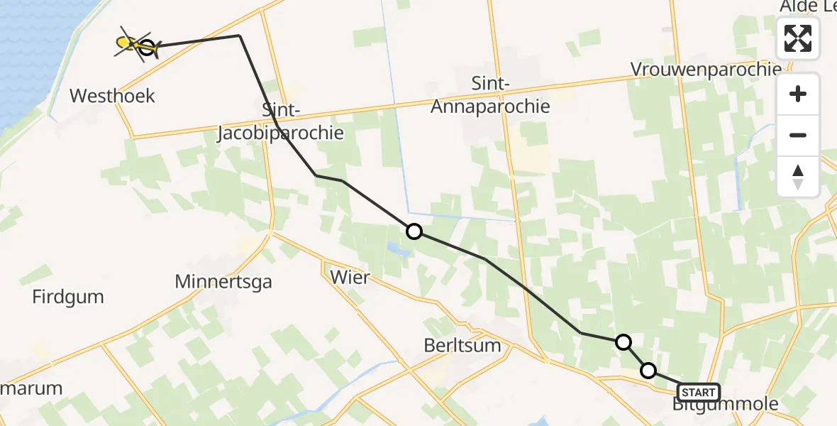Routekaart van de vlucht: Ambulanceheli naar St.-Jacobiparochie, Langhusterwei