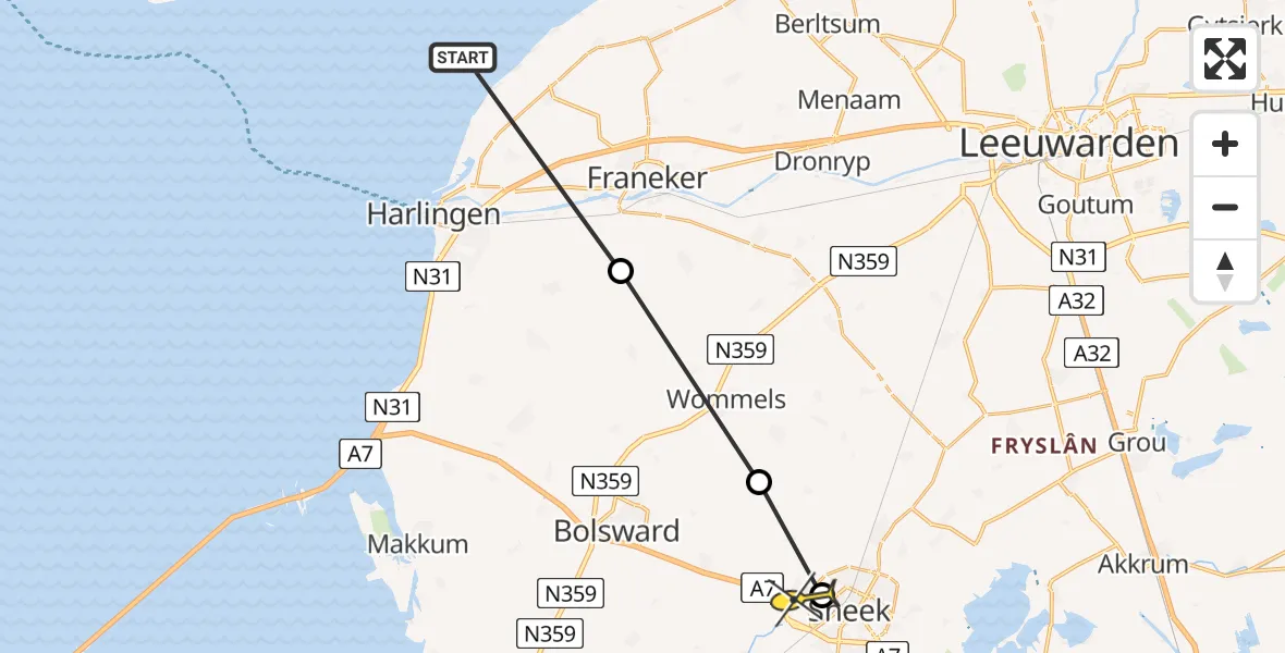 Routekaart van de vlucht: Ambulanceheli naar Sneek, Lollumerweg