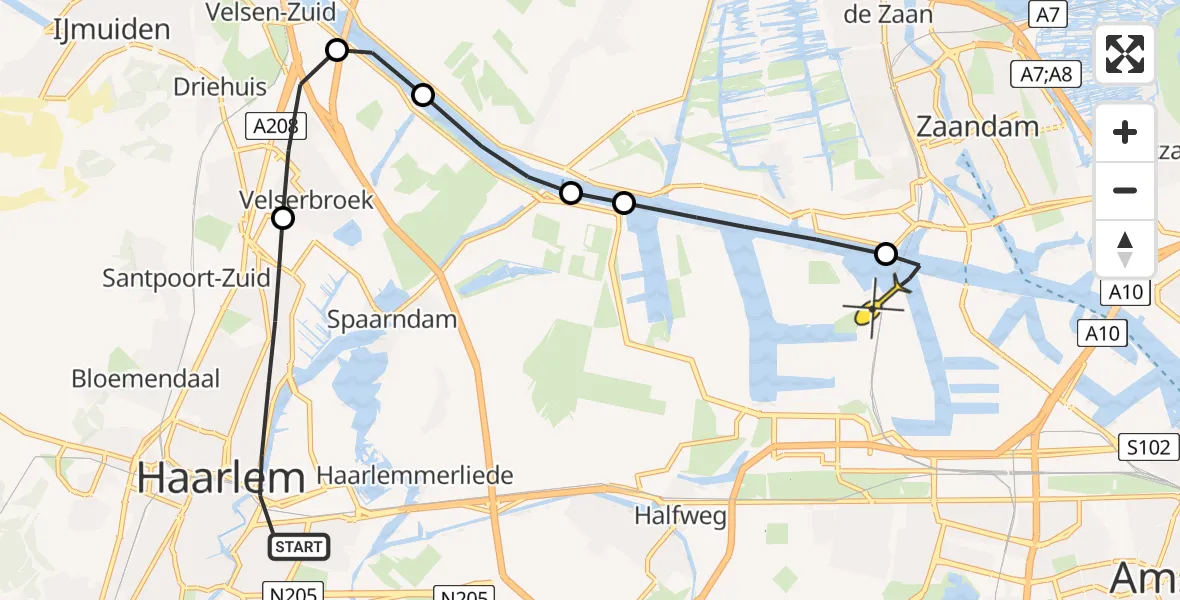 Routekaart van de vlucht: Lifeliner 1 naar Amsterdam Heliport, Hornweg