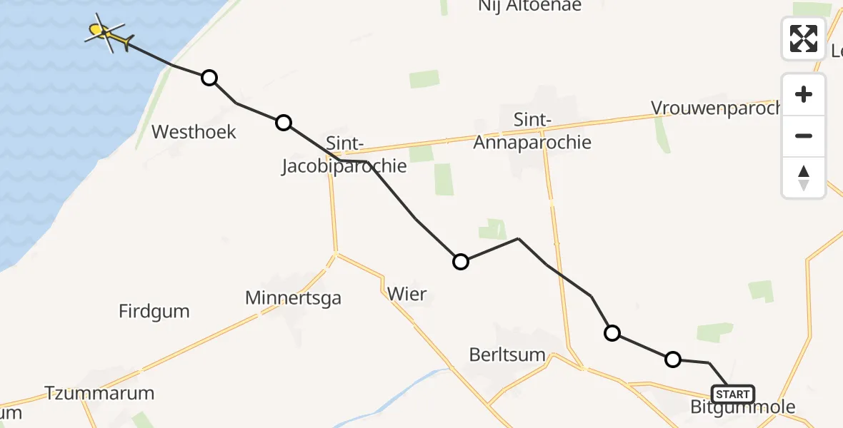 Routekaart van de vlucht: Ambulancehelikopter naar Oosterend, Alddyk