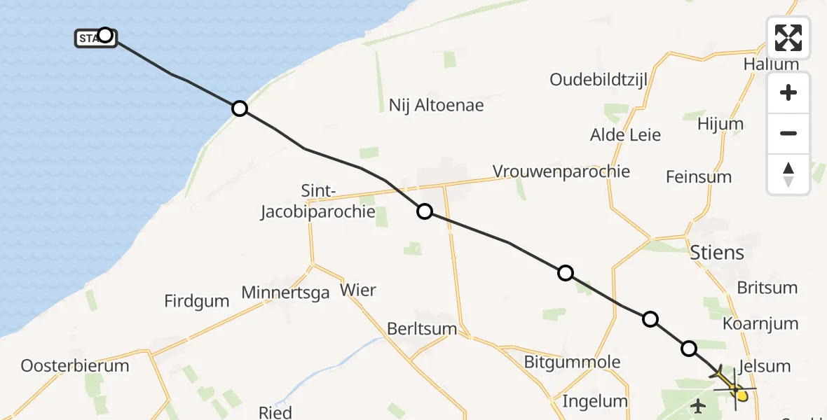 Routekaart van de vlucht: Ambulanceheli naar Vliegbasis Leeuwarden, Keegsdijkje