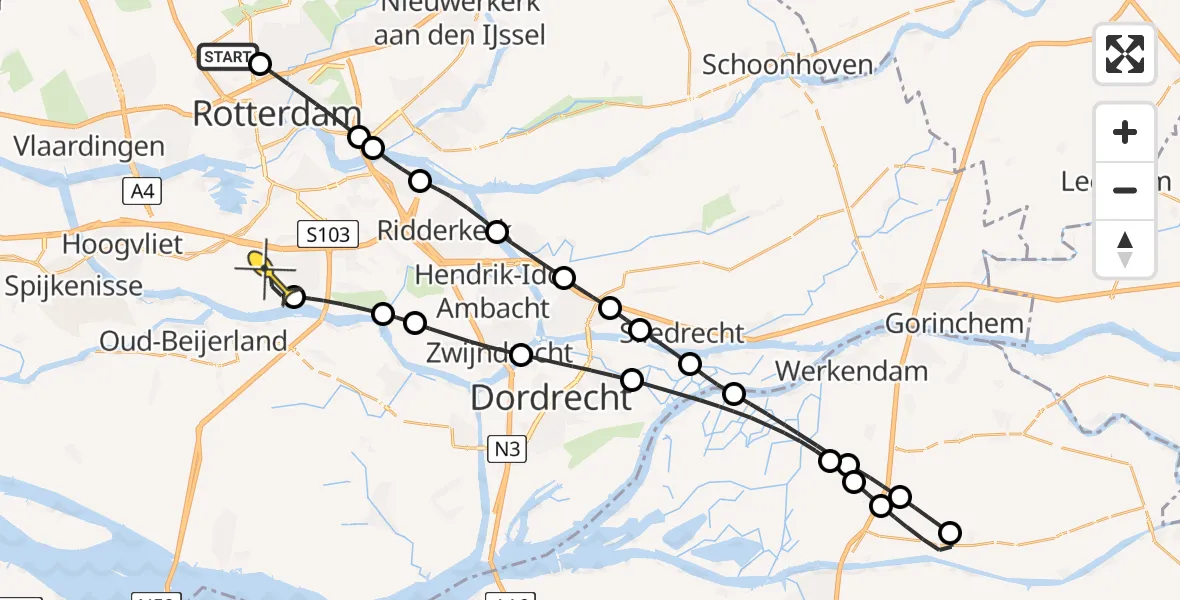 Routekaart van de vlucht: Lifeliner 2 naar Rhoon, Kleiweg
