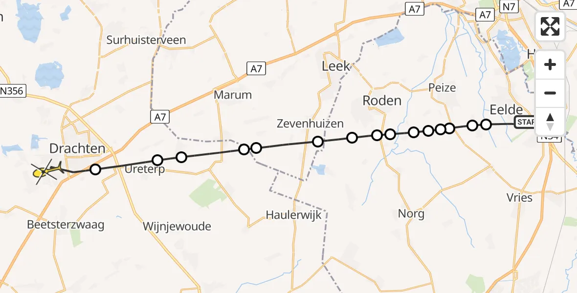 Routekaart van de vlucht: Lifeliner 4 naar Drachten, Eelderdiep