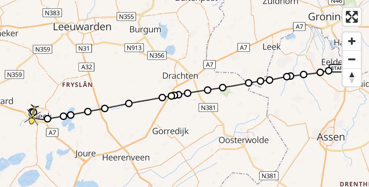 Routekaart van de vlucht: Lifeliner 4 naar Sneek, Lugtenbergerweg