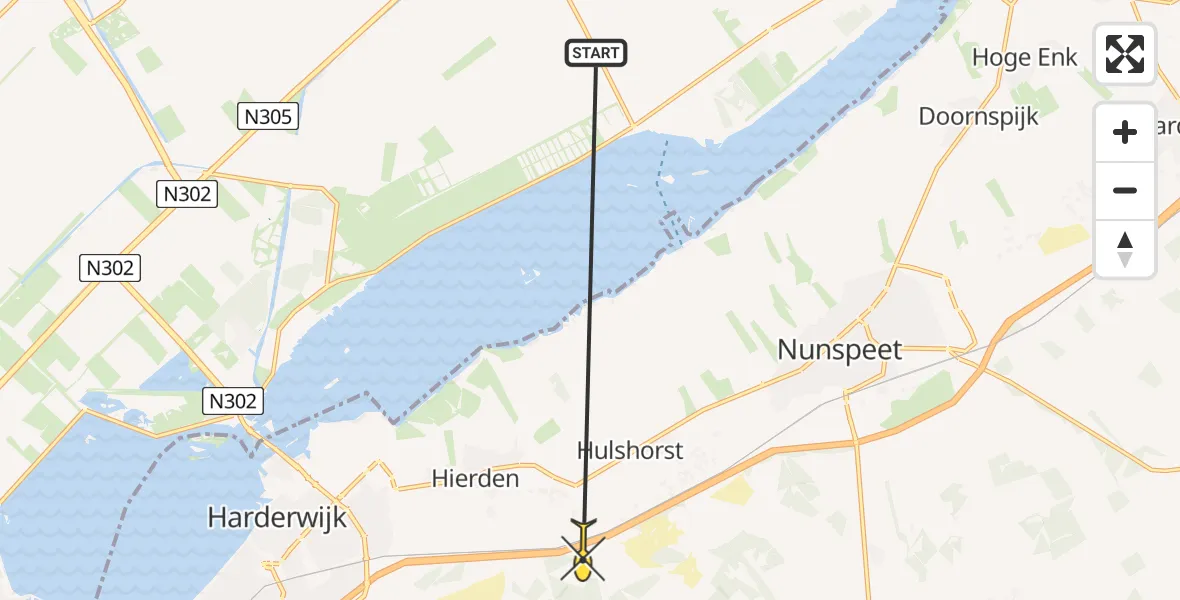 Routekaart van de vlucht: Politieheli naar Hulshorst, Hierderweg