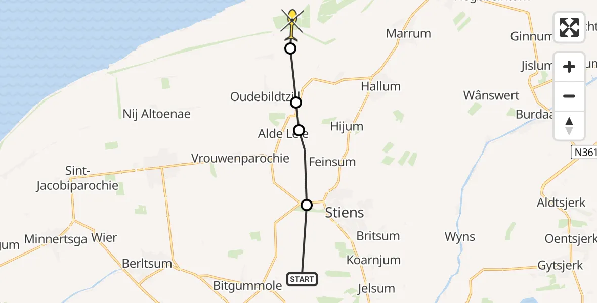 Routekaart van de vlucht: Ambulancehelikopter naar Marrum, Middelseewei