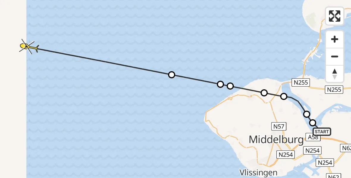 Routekaart van de vlucht: Kustwachthelikopter naar Oranjeplaatweg