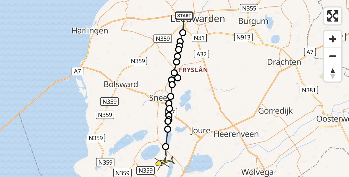 Routekaart van de vlucht: Ambulanceheli naar Tjerkgaast, Hegedyk