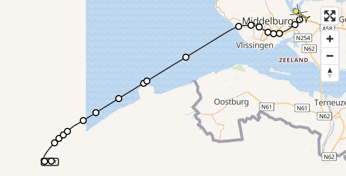 Routekaart van de vlucht: Kustwachthelikopter naar Vliegveld Midden-Zeeland, Calandweg