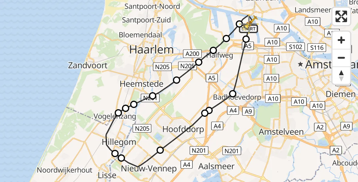 Vluchtroute Traumahelikopter van Amsterdam Heliport naar Amsterdam Heliport