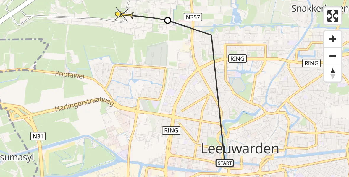 Vluchtroute Ambulancehelikopter van Leeuwarden naar Vliegbasis Leeuwarden