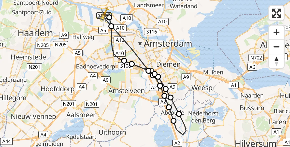 Vluchtroute Traumahelikopter van Amsterdam Heliport naar Amsterdam Heliport