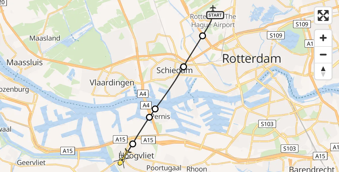 Routekaart van de vlucht: Lifeliner 2 naar Hoogvliet, Witte brug