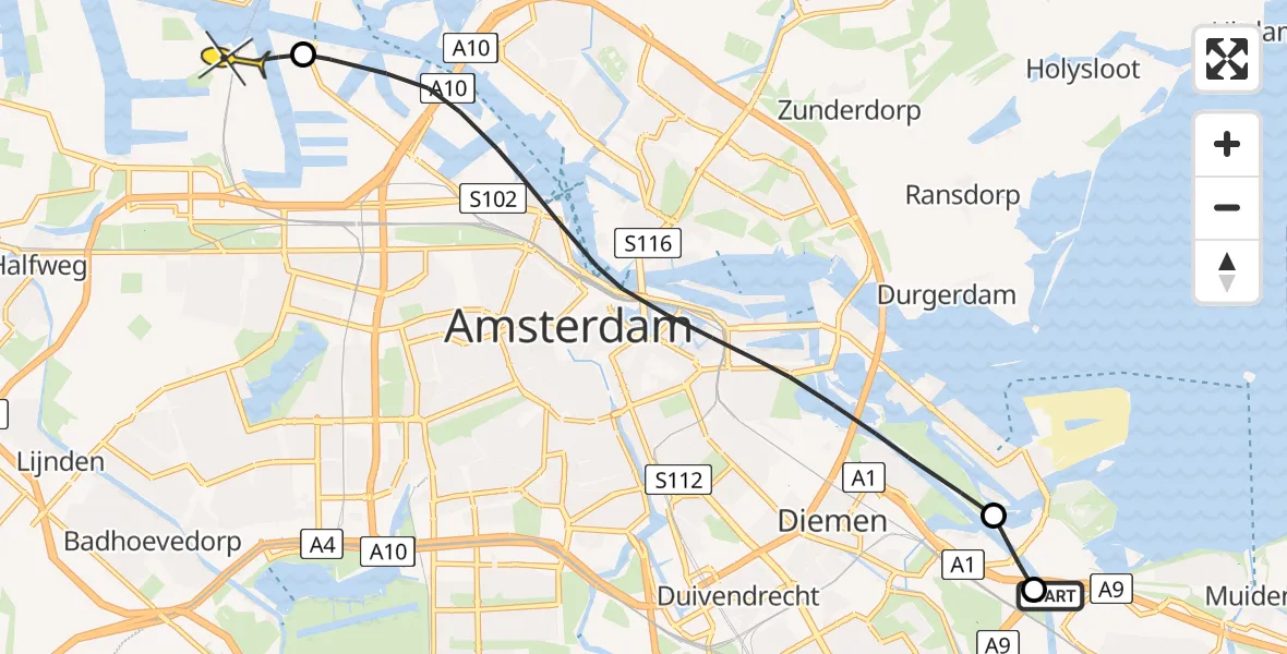 Routekaart van de vlucht: Lifeliner 1 naar Amsterdam Heliport, Thijs Hendriksenpad